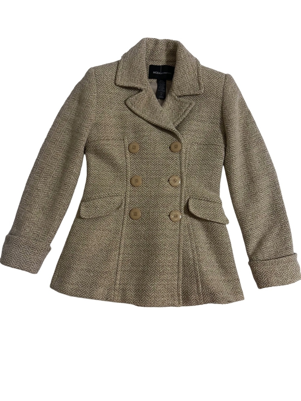 Moda International Tan and Metallic Gold Herringbone Double-Breasted Pea Coat